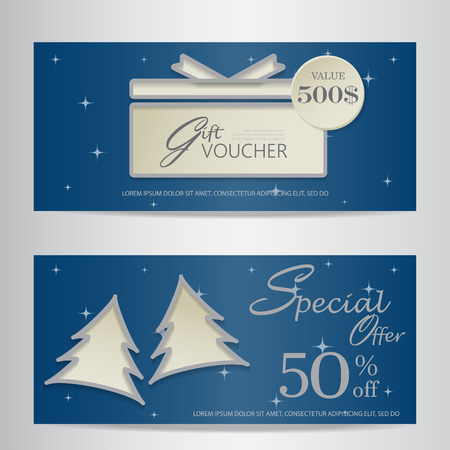 blue christmas and new year gift voucher certificate coupon template. can be use for business shopping card, customer sale and promotion, layout, banner, web design. vector  illustrationのイラスト素材