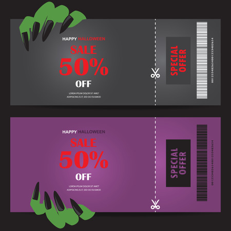 halloween gift voucher certificate coupon, mo invitation party card, background, web page design template. vector illustration;のイラスト素材