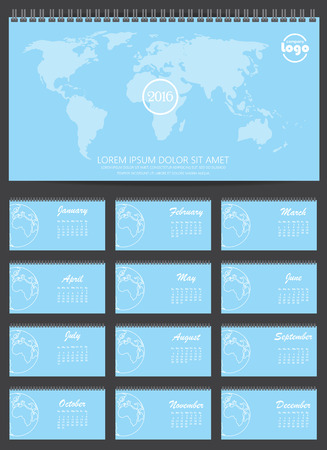 Monthly Calendar for year 2016. world map concept.  Week Starts Monday. Simple Vector Template. can be use for background, web page. vector illustrationのイラスト素材