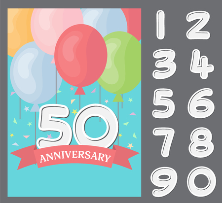 flat design of happy birthday, anniversary, celebration poster, there are template of card design and number. brochure layout template in A4 size. illustrationのイラスト素材