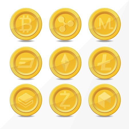 Gold digital cryptocurrency coins, realistic coin icon isolated on white vector.のイラスト素材
