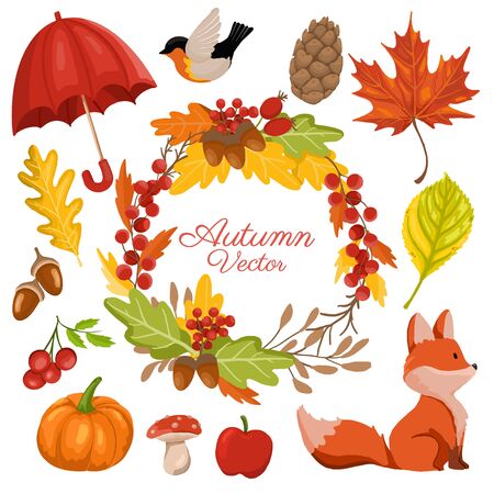 Autumn and fall season decorative elements collection with decorative wreath. vector illustrationのイラスト素材