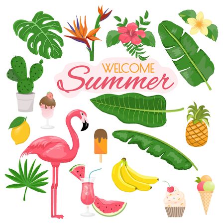 summer icons set, drinks, palm leaves, fruits and flamingo. Bright summertime poster. Collection of scrapbooking elements for beach party.のイラスト素材