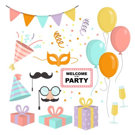 Celebration party carnival festive icons set for new year and birthday party. Colorful symbols - hat, mask, gifts, balloon.のイラスト素材
