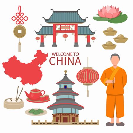 China Flat Icons Design Travel Concept. example Lion  and Dragon Dance, lantern, temple landmark, traditional foods. Vector illustrationのイラスト素材