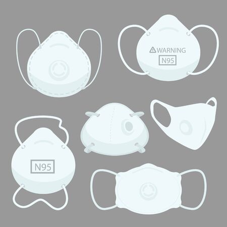 Facs Air pollution Mask, protective devices allergy for hospital Medical masks for prevent pm 2.5 dust and smog and  infectious disease breath example  SARS and CONVID 19.  flat vector illustration.のイラスト素材