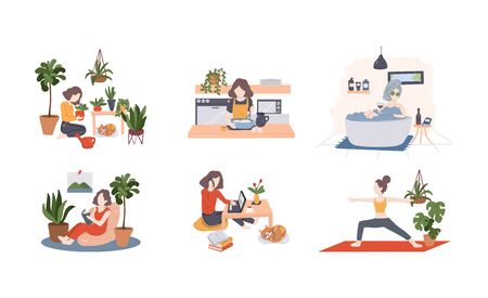Quarantine, stay at home concept - people sitting at their home, room or apartment, practicing yoga, work or learn from home, enjoying meditation, relaxing on sofa, reading books, baking and spa yourself. vector illustrationのイラスト素材