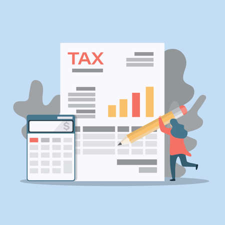 Concept of Tax and Accounting. There are Data analysis, paperwork, financial research report and calculation of tax return. Payment of debt. Vector illustration.のイラスト素材