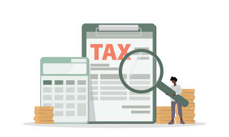 Concept of Tax and Accounting. There are Data analysis, paperwork, financial research report and calculation of tax return. Payment of debt. Vector illustration.のイラスト素材