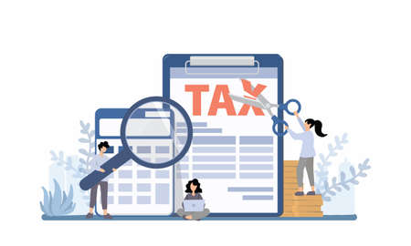 Concept of Tax and Accounting. There are Data analysis, paperwork, financial research report and calculation of tax return. Payment of debt. Vector illustration.のイラスト素材