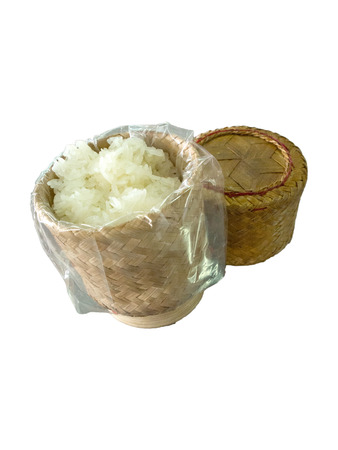 Thai sticky rice in a bamboo wooden old style boxの写真素材