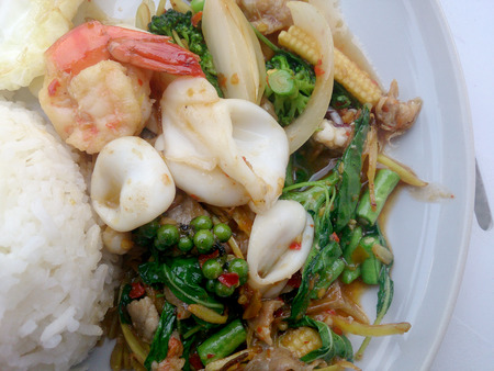 Fried Seafood with spicy herbs. Thai spicy herb foodの写真素材
