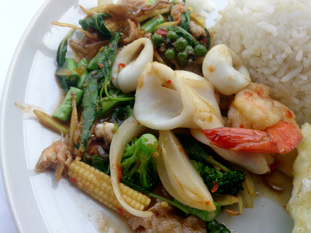 Fried Seafood with spicy herbs. Thai spicy herb foodの写真素材