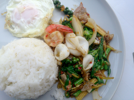 Fried Seafood with spicy herbs. Thai spicy herb foodの写真素材