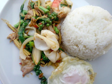 Fried Seafood with spicy herbs. Thai spicy herb foodの写真素材