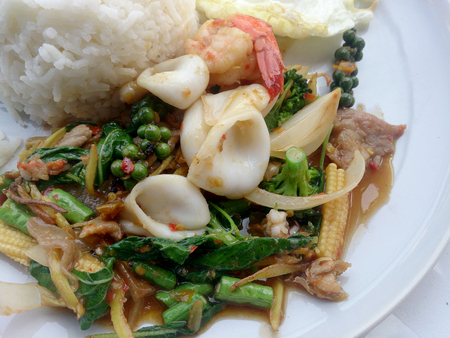 Fried Seafood with spicy herbs. Thai spicy herb foodの写真素材