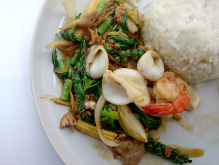 Fried Seafood with spicy herbs. Thai spicy herb foodの写真素材