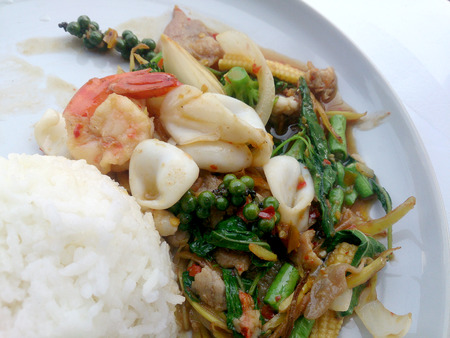 Fried Seafood with spicy herbs. Thai spicy herb foodの写真素材