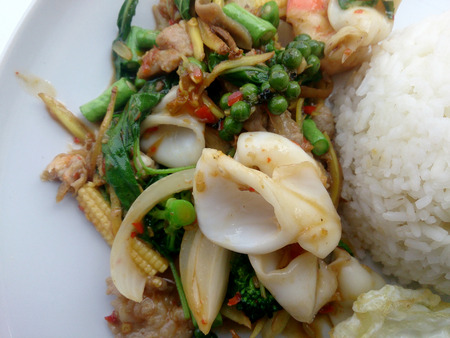 Fried Seafood with spicy herbs. Thai spicy herb foodの写真素材
