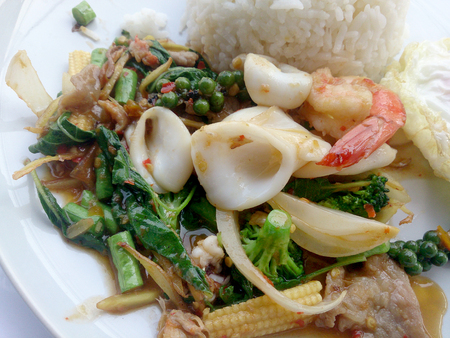 Fried Seafood with spicy herbs. Thai spicy herb foodの写真素材