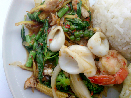 Fried Seafood with spicy herbs. Thai spicy herb foodの写真素材
