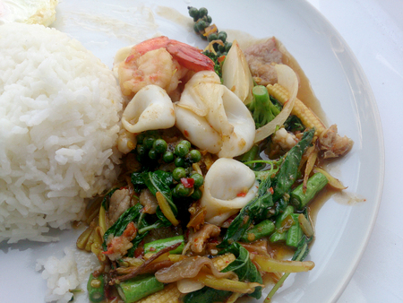 Fried Seafood with spicy herbs. Thai spicy herb foodの写真素材
