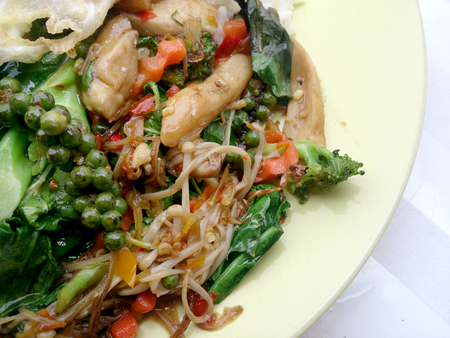 Fried herbal vegetables & Fried Pock & Fired Egg with Riceの写真素材