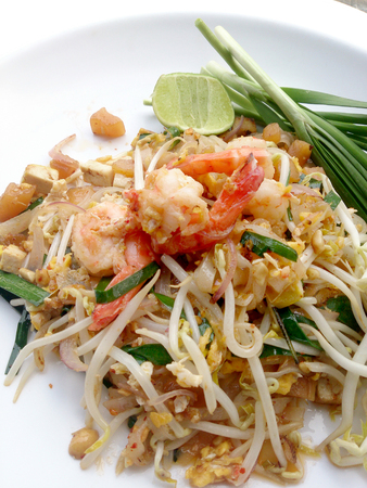 Pad Thai, stir-fried rice noodles with shrimp. The one of Thailand's national main dish. the popular food in Thailand. Thai Fried Noodlesの写真素材