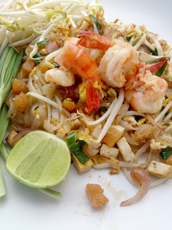 Pad Thai, stir-fried rice noodles with shrimp. The one of Thailand's national main dish. the popular food in Thailand. Thai Fried Noodlesの写真素材