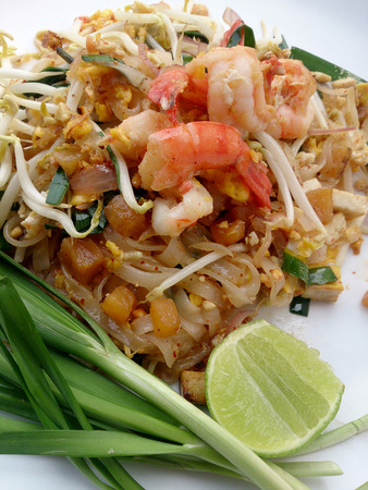 Pad Thai, stir-fried rice noodles with shrimp. The one of Thailand's national main dish. the popular food in Thailand. Thai Fried Noodlesの写真素材