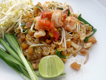 Pad Thai, stir-fried rice noodles with shrimp. The one of Thailand's national main dish. the popular food in Thailand. Thai Fried Noodlesの写真素材