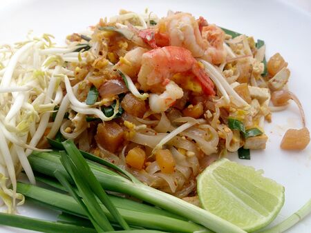 Pad Thai, stir-fried rice noodles with shrimp. The one of Thailand's national main dish. the popular food in Thailand. Thai Fried Noodlesの写真素材