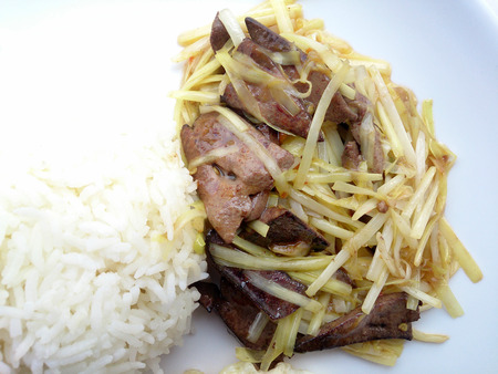 Stir Fried Pork Liver with white Allium Tuberosumand & garlic chives on White Plate. Homemade Idea of Asian Cuisine. Thai food.の写真素材