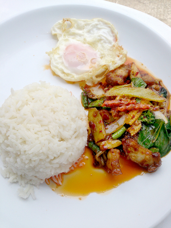 Fried crispy pork with Chili sauce and mix vegetable, with rice, fired egg. Thai Food.の写真素材