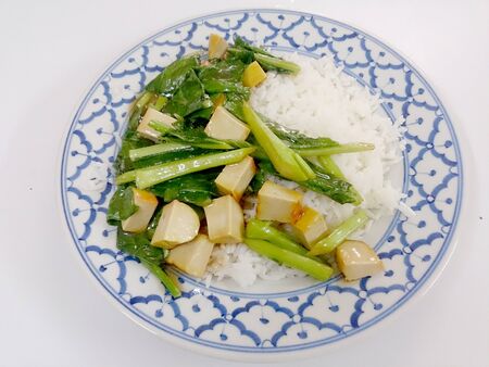 Fried tofu with Chinese broccoli &  thai jasmine rice,  Vegetarian Food, healthy foodの写真素材