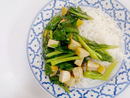 Fried tofu with Chinese broccoli &  thai jasmine rice,  Vegetarian Food, healthy foodの写真素材