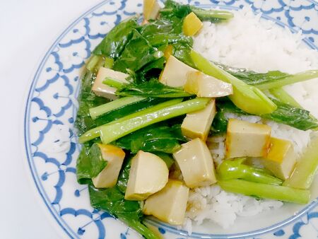 Fried tofu with Chinese broccoli &  thai jasmine rice,  Vegetarian Food, healthy foodの写真素材
