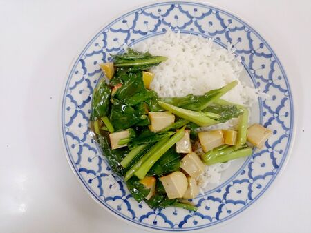 Fried tofu with Chinese broccoli &  thai jasmine rice,  Vegetarian Food, healthy foodの写真素材
