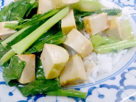 Fried tofu with Chinese broccoli &  thai jasmine rice,  Vegetarian Food, healthy foodの写真素材