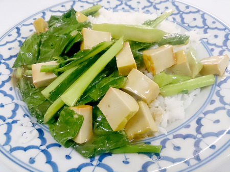 Fried tofu with Chinese broccoli &  thai jasmine rice,  Vegetarian Food, healthy foodの写真素材