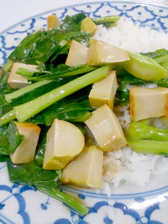 Fried tofu with Chinese broccoli &  thai jasmine rice,  Vegetarian Food, healthy foodの写真素材
