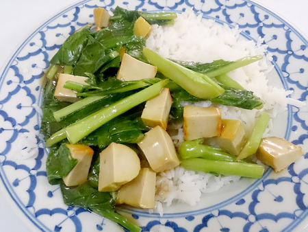 Fried tofu with Chinese broccoli &  thai jasmine rice,  Vegetarian Food, healthy foodの写真素材