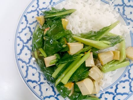 Fried tofu with Chinese broccoli &  thai jasmine rice,  Vegetarian Food, healthy foodの写真素材