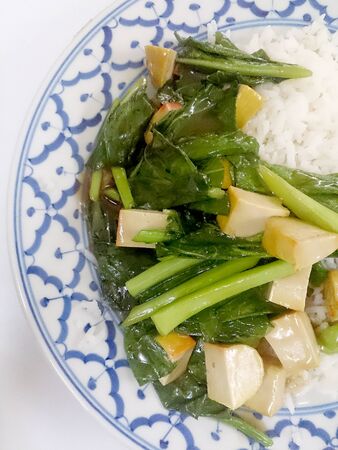 Fried tofu with Chinese broccoli &  thai jasmine rice,  Vegetarian Food, healthy foodの写真素材