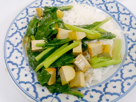 Fried tofu with Chinese broccoli &  thai jasmine rice,  Vegetarian Food, healthy foodの写真素材
