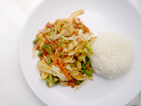 Vegetarian Food  with Tofu, Sweet radish and Curry & thai jasmine rice, Healthy foodの写真素材