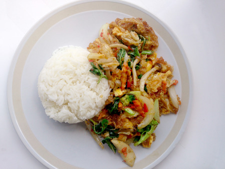 Vegetarian Food with fried egg, vegetable and Light Soya sauce & thai jasmine rice, Healthy foodの写真素材