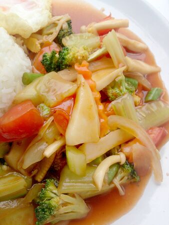 fried vegetables with red sauce, Vegetarian Food, Healthy Food. Thai Foodの写真素材
