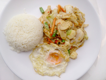 Vegetarian Food with Fried Vegetables and Tofu on white dish, Healthy foodの写真素材