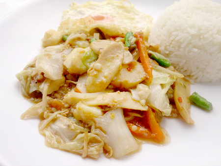 Vegetarian Food with Fried Vegetables and Tofu on white dish, Healthy foodの写真素材